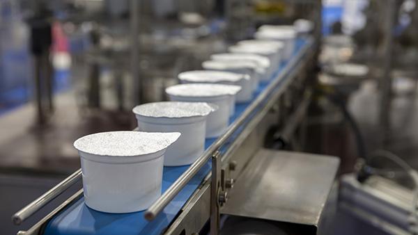 row of yoghurts on manufacturing line